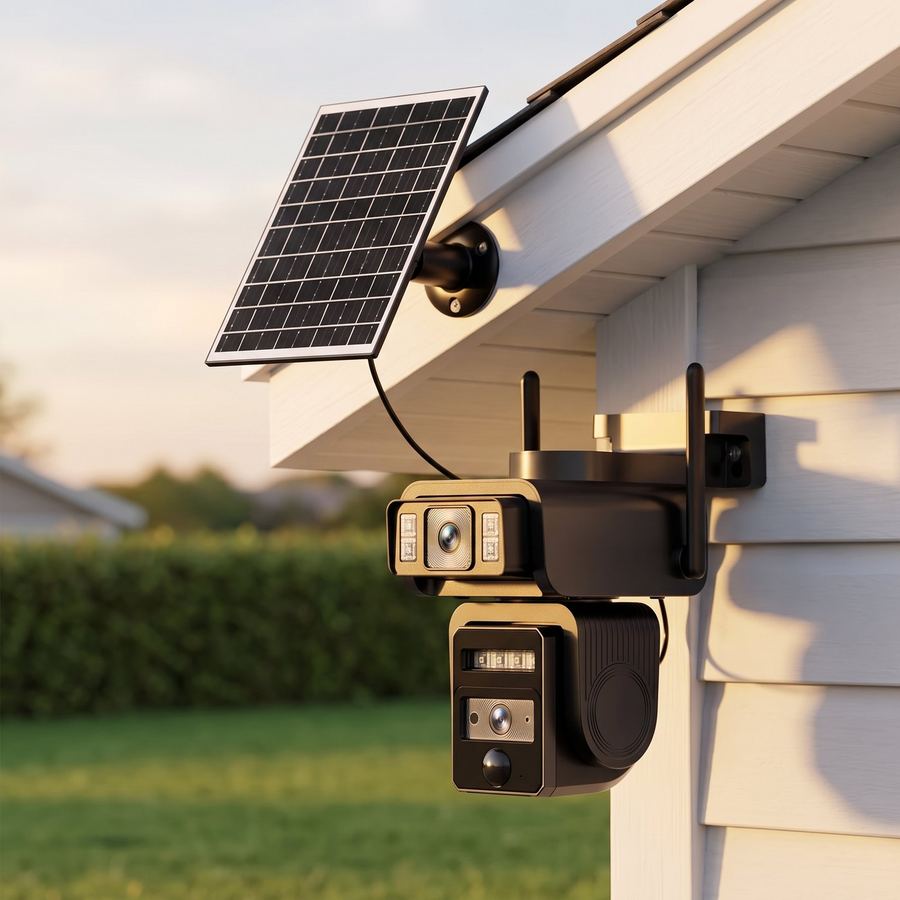 Camera and separate solar panel mounted on a house eave at golden hour