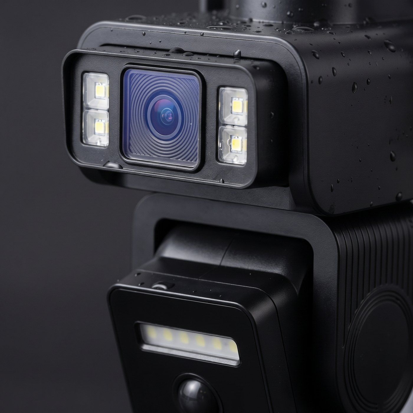 Close-up of the two lens modules, LED floods and PIR sensor dome