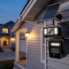 Wide view of the camera covering a driveway approach at dusk