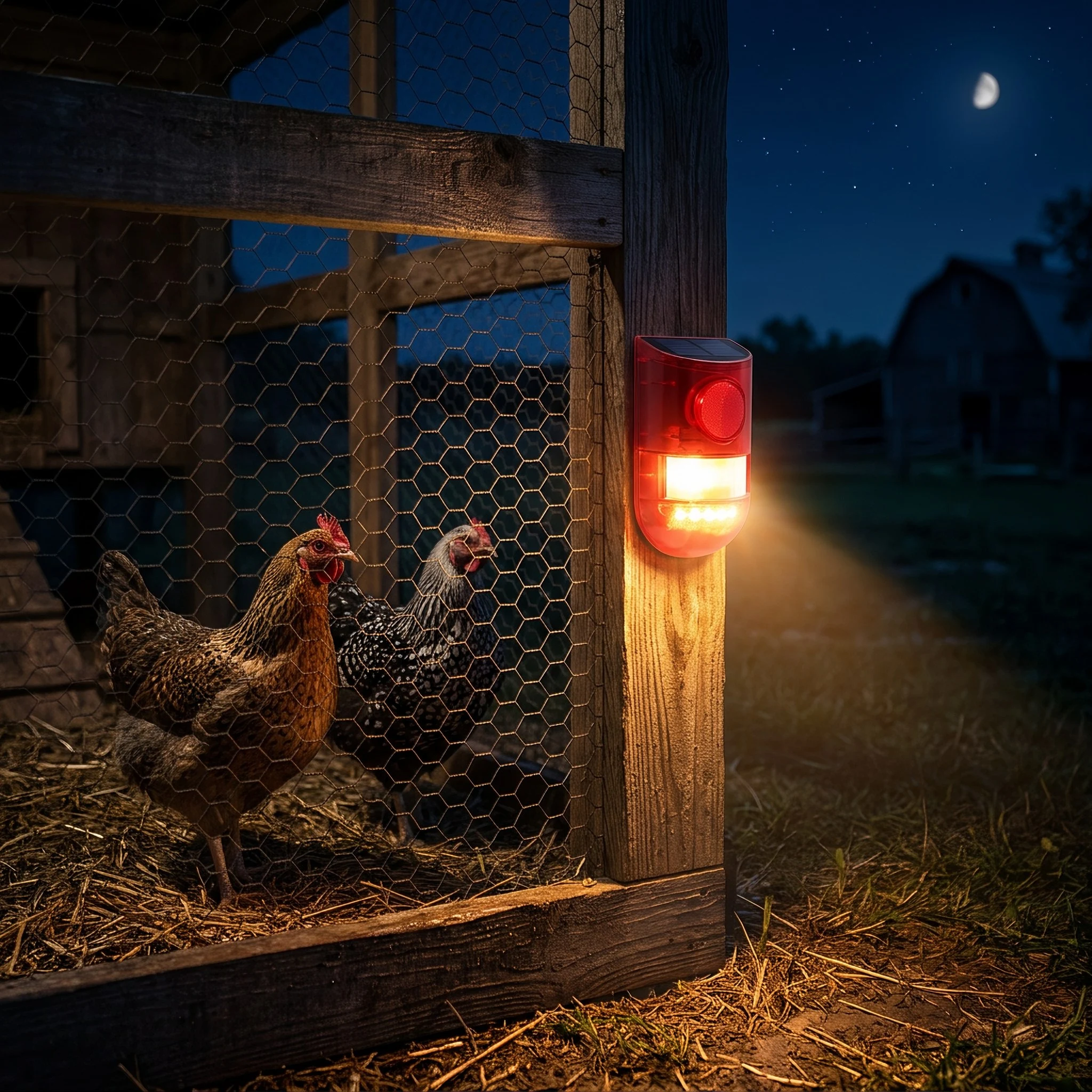 Solar motion alarm mounted on a chicken coop run at night, strobe lighting the mesh