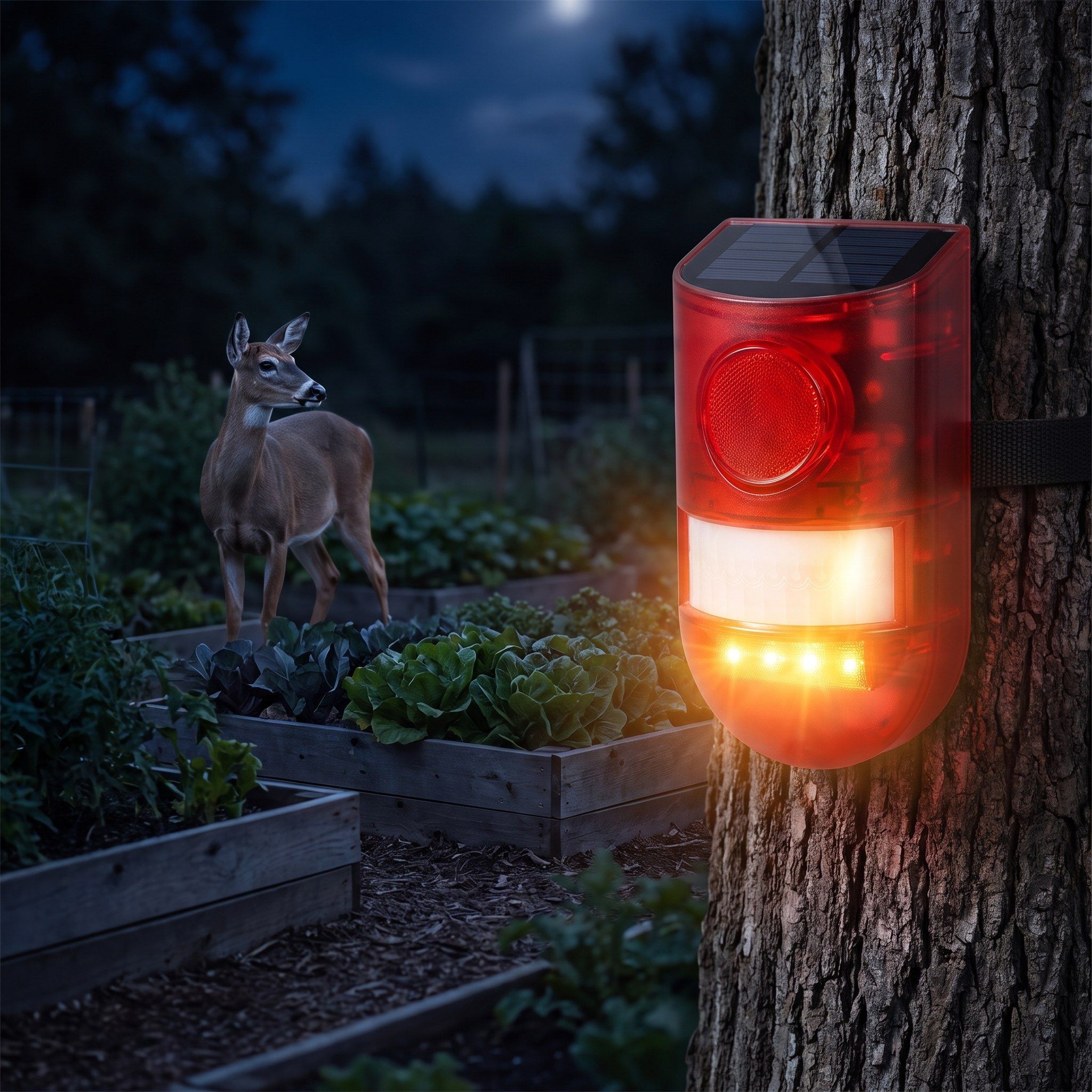 Solar motion alarm flashing as a deer turns away from the garden
