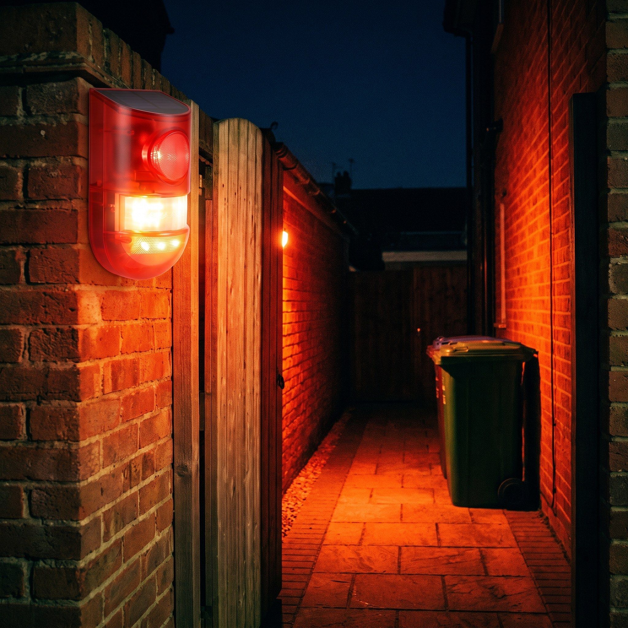Solar motion alarm on a wall above a dark side passage