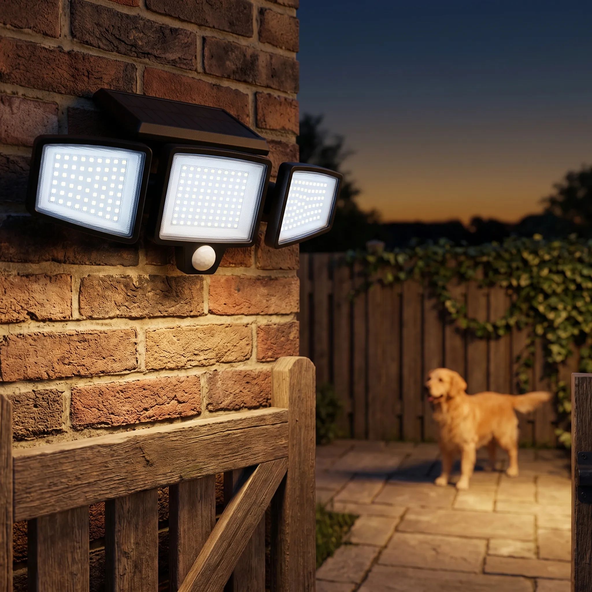 Solar motion sense light at a side gate after dark