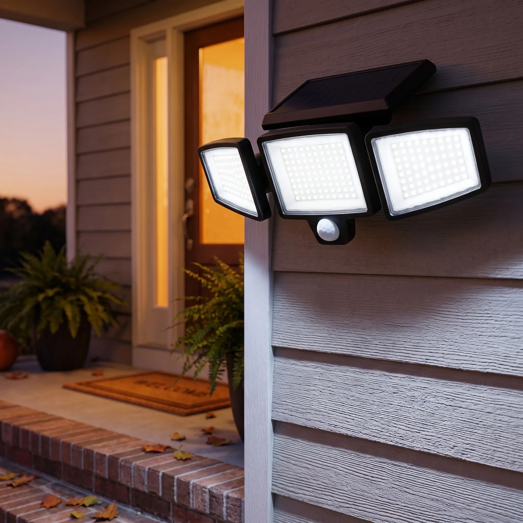 Solar motion sense light over a porch