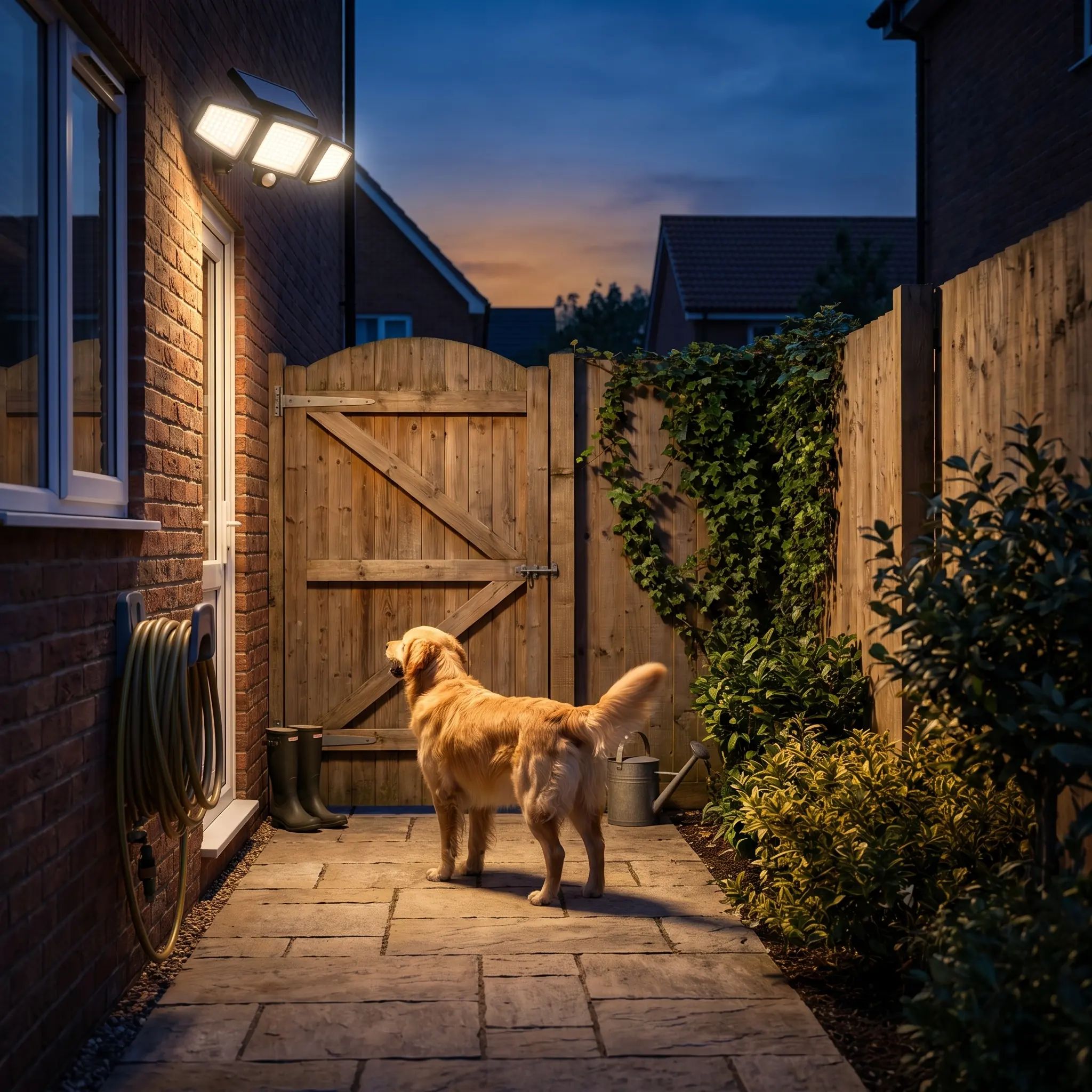 The light picking out a dog at the side gate after dark
