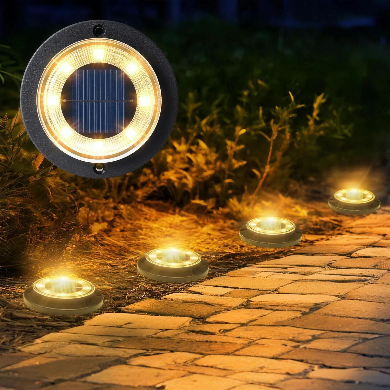 Solar ground light close up on a brick path