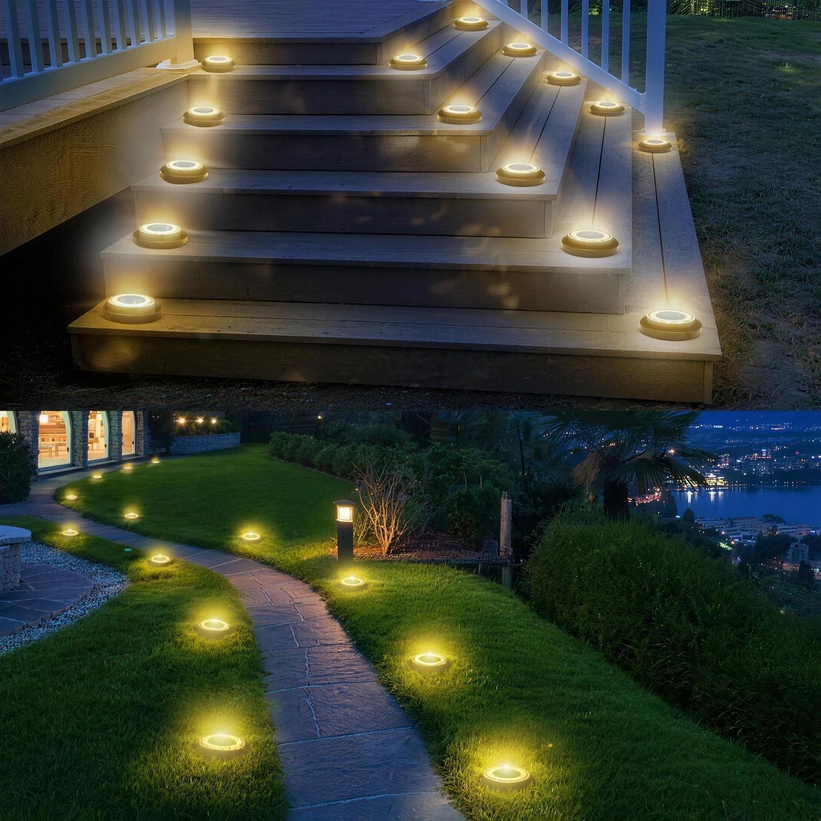 Solar ground lights screwed onto deck steps in a garden