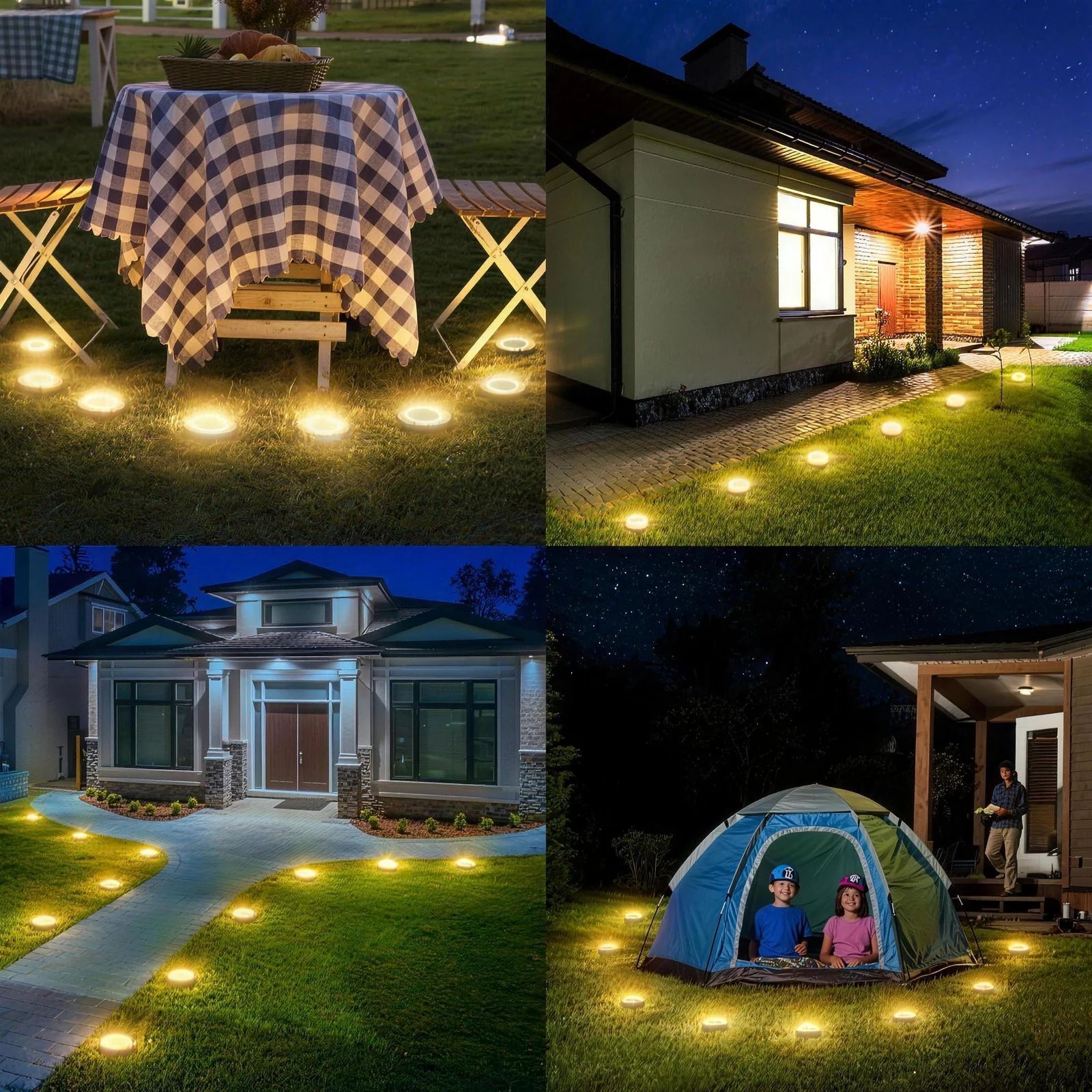 Solar ground lights in four different settings