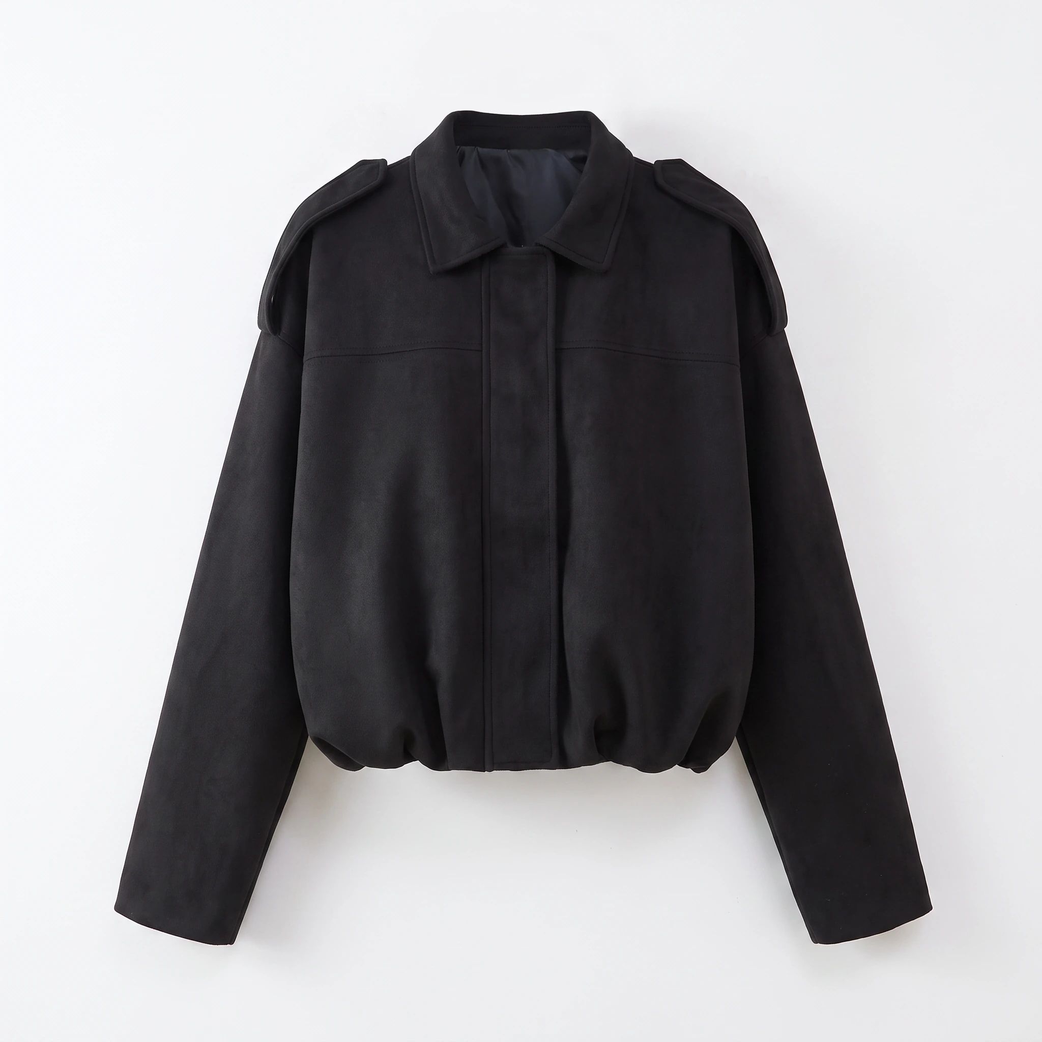 The black suede-look jacket photographed front-on against a plain studio background