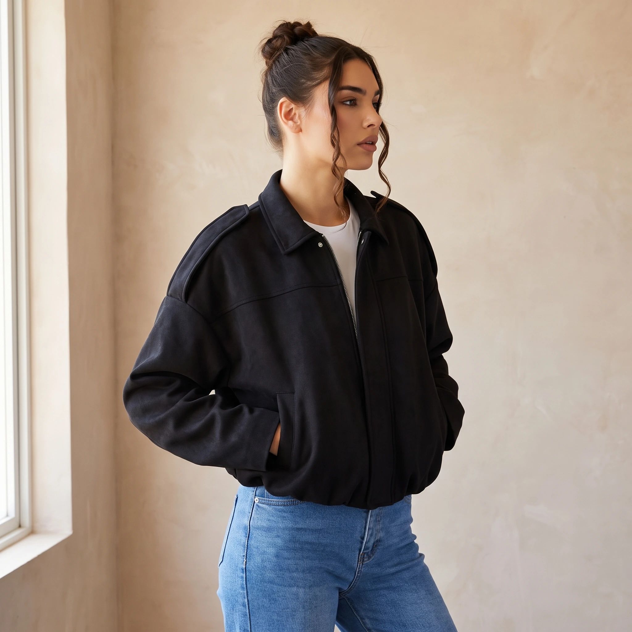 A woman wearing the black suede-look jacket, turned to show the shoulder and sleeve