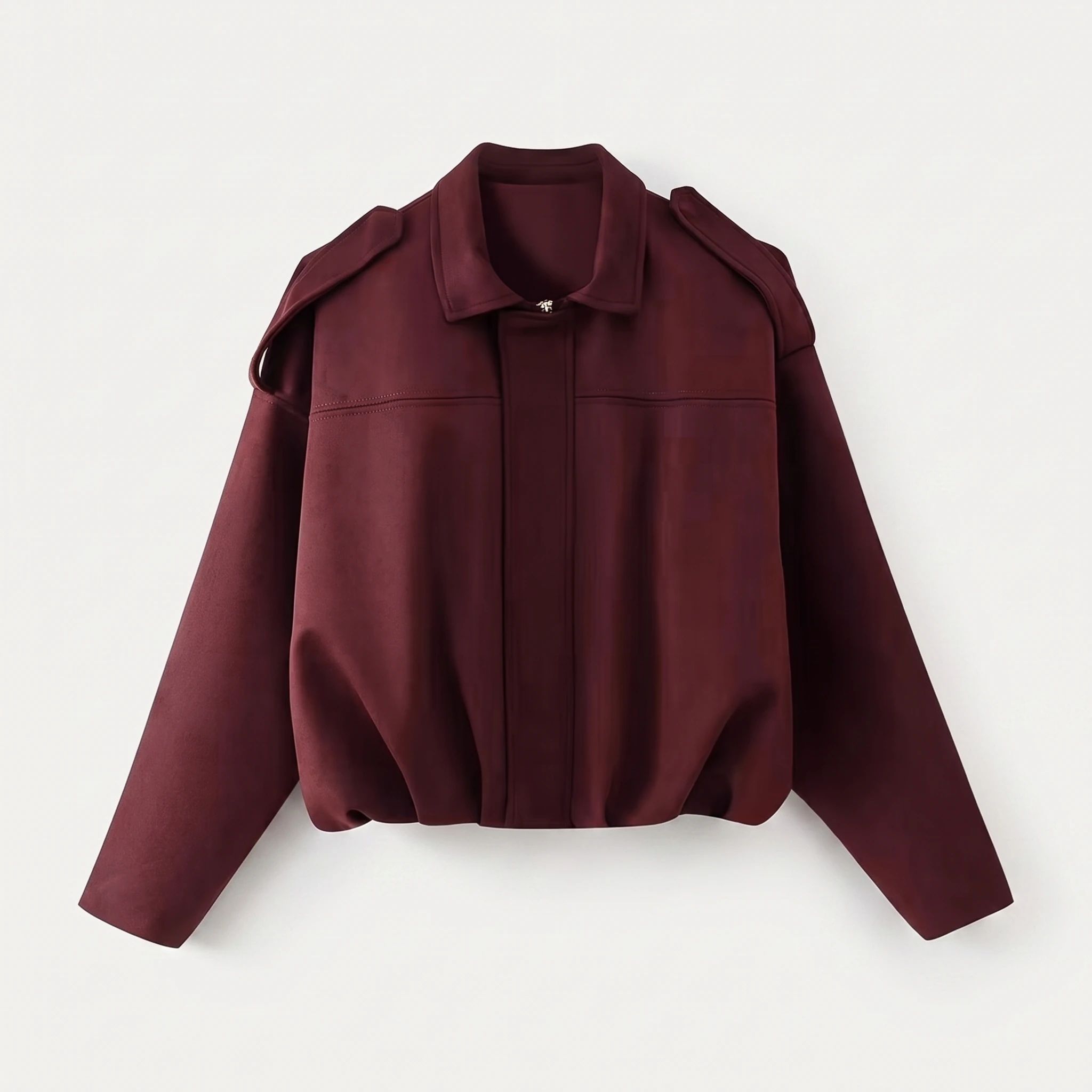 The burgundy suede-look jacket photographed front-on against a plain studio background