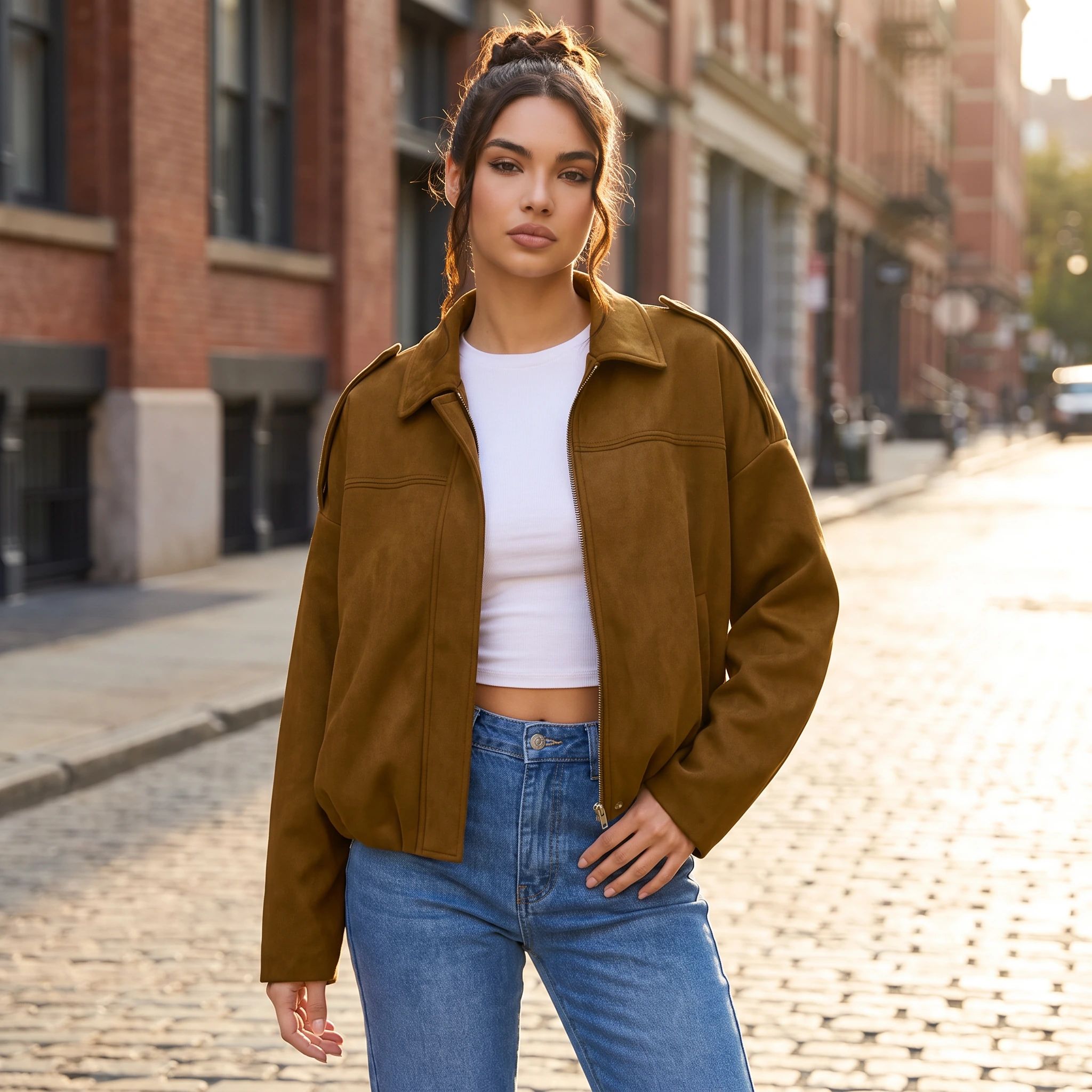 A woman wearing the camel suede-look jacket open over a white top and jeans on a sunlit street