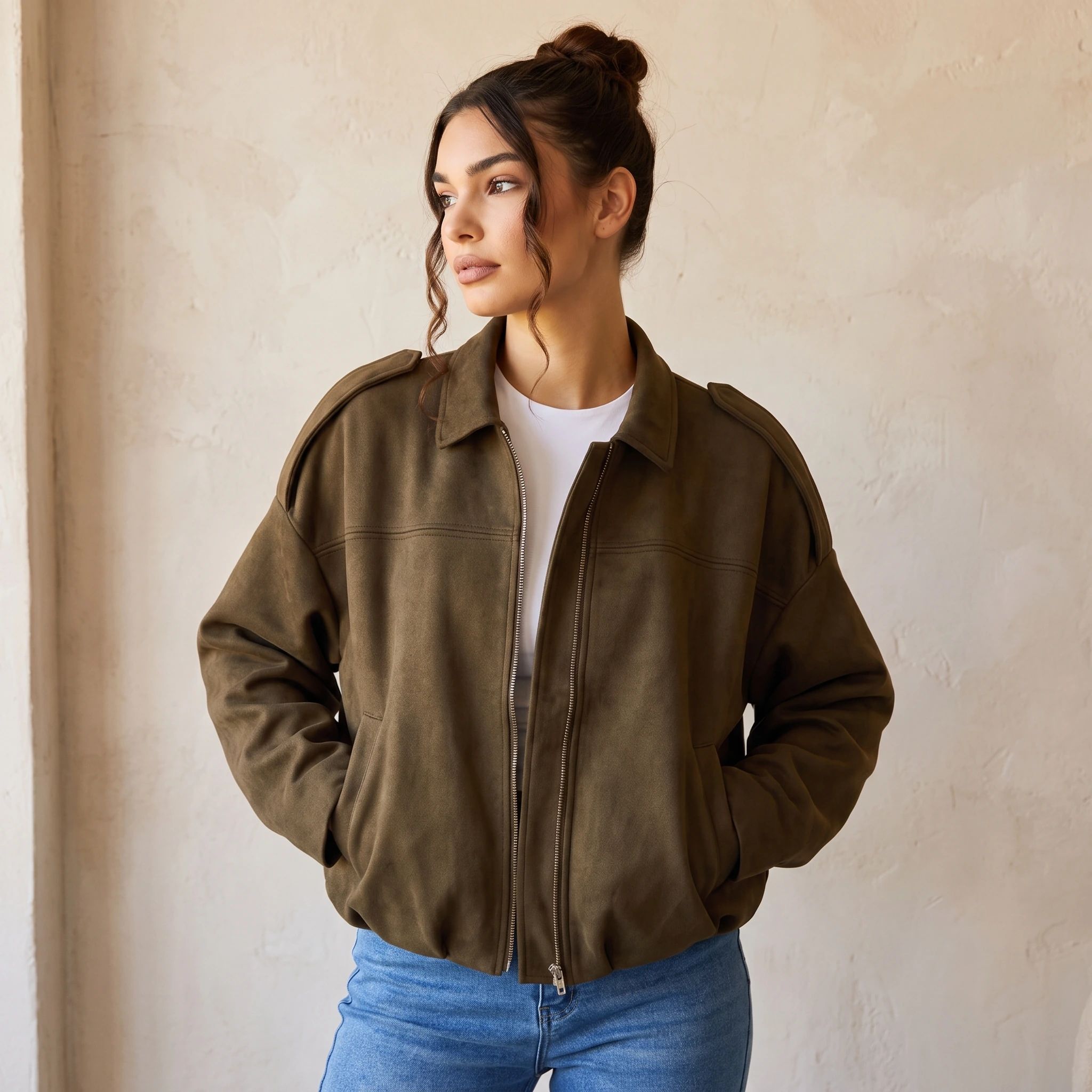 A woman wearing the camel suede-look jacket, turned to show the shoulder and sleeve