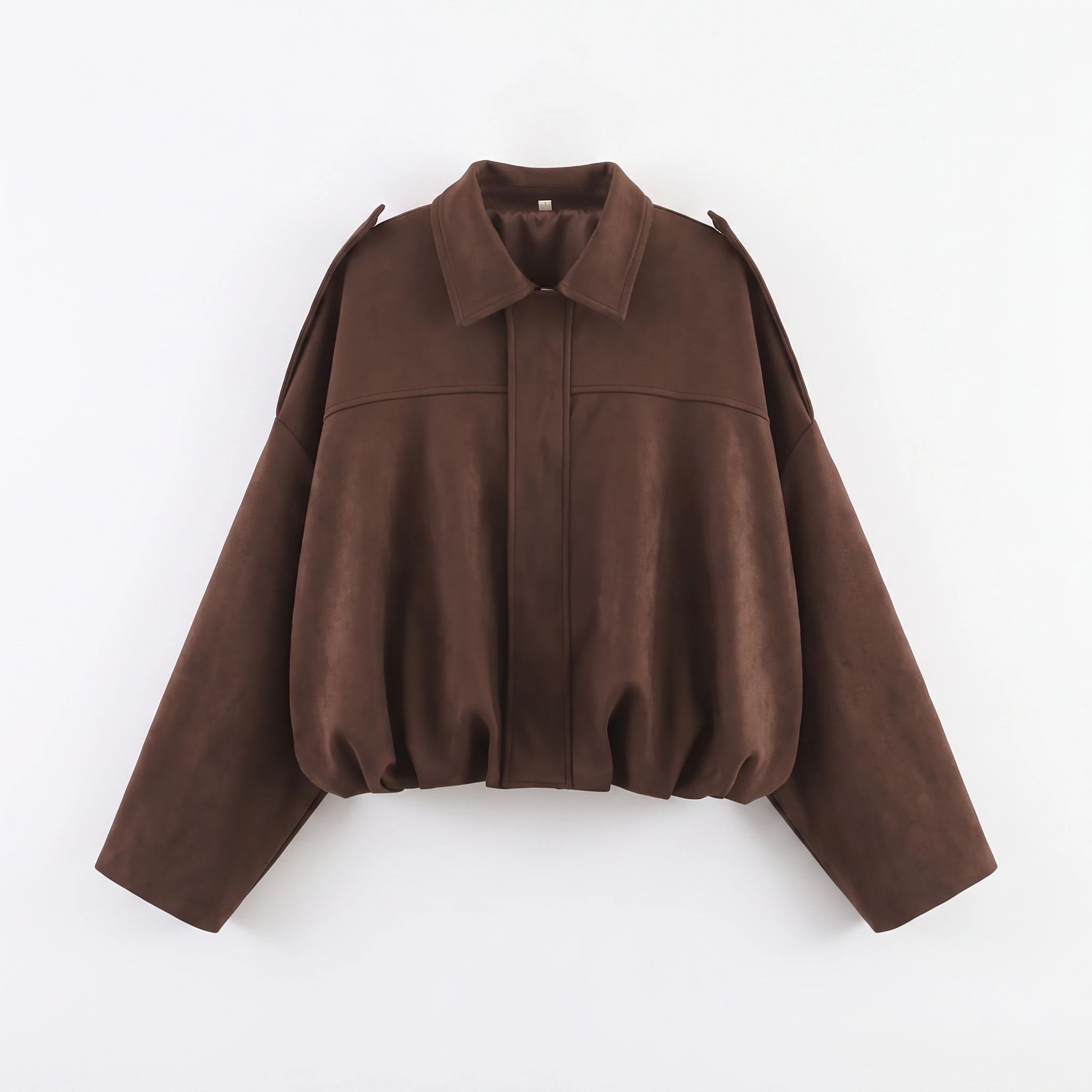 The coffee suede-look jacket photographed front-on against a plain studio background