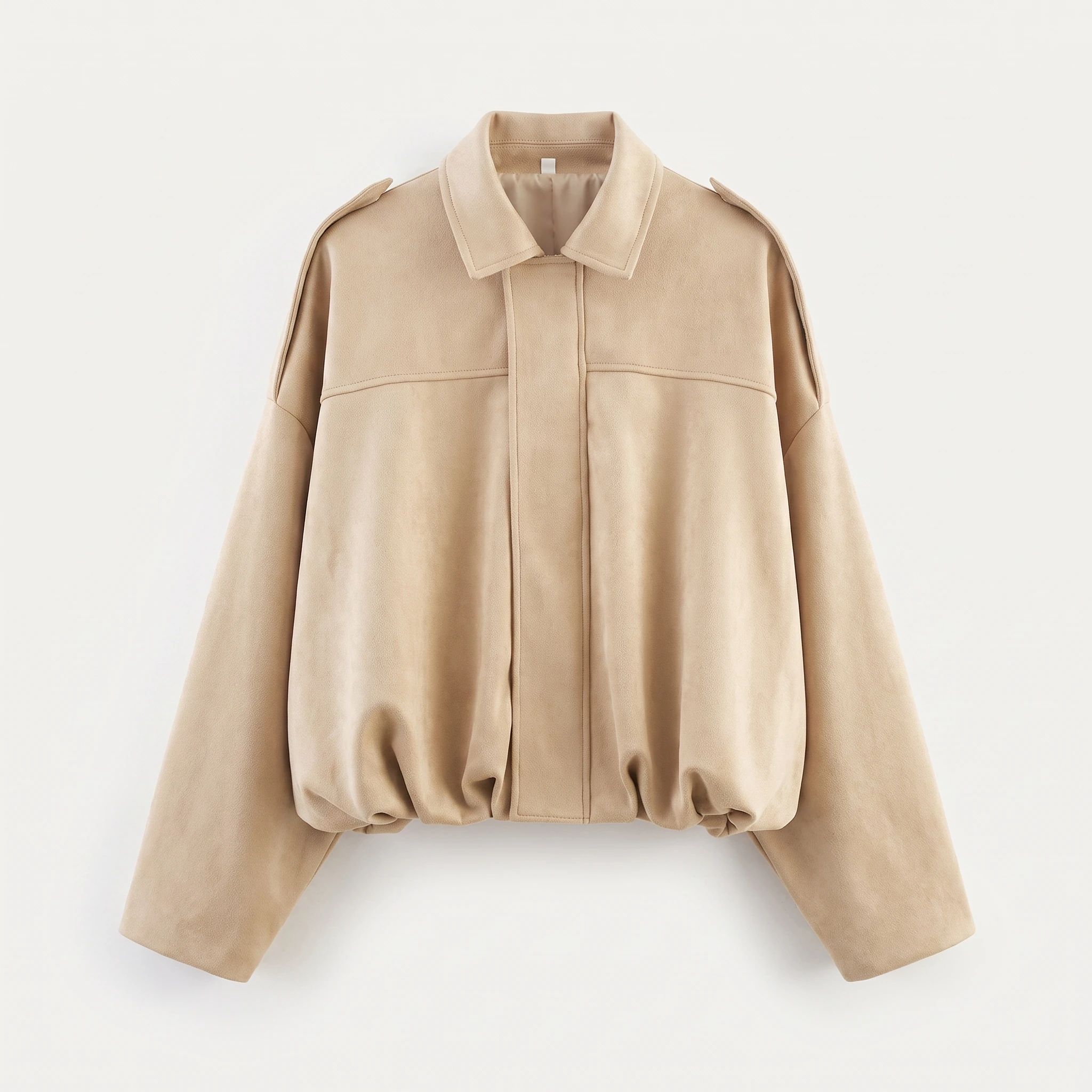 The desert sand suede-look jacket photographed front-on against a plain studio background
