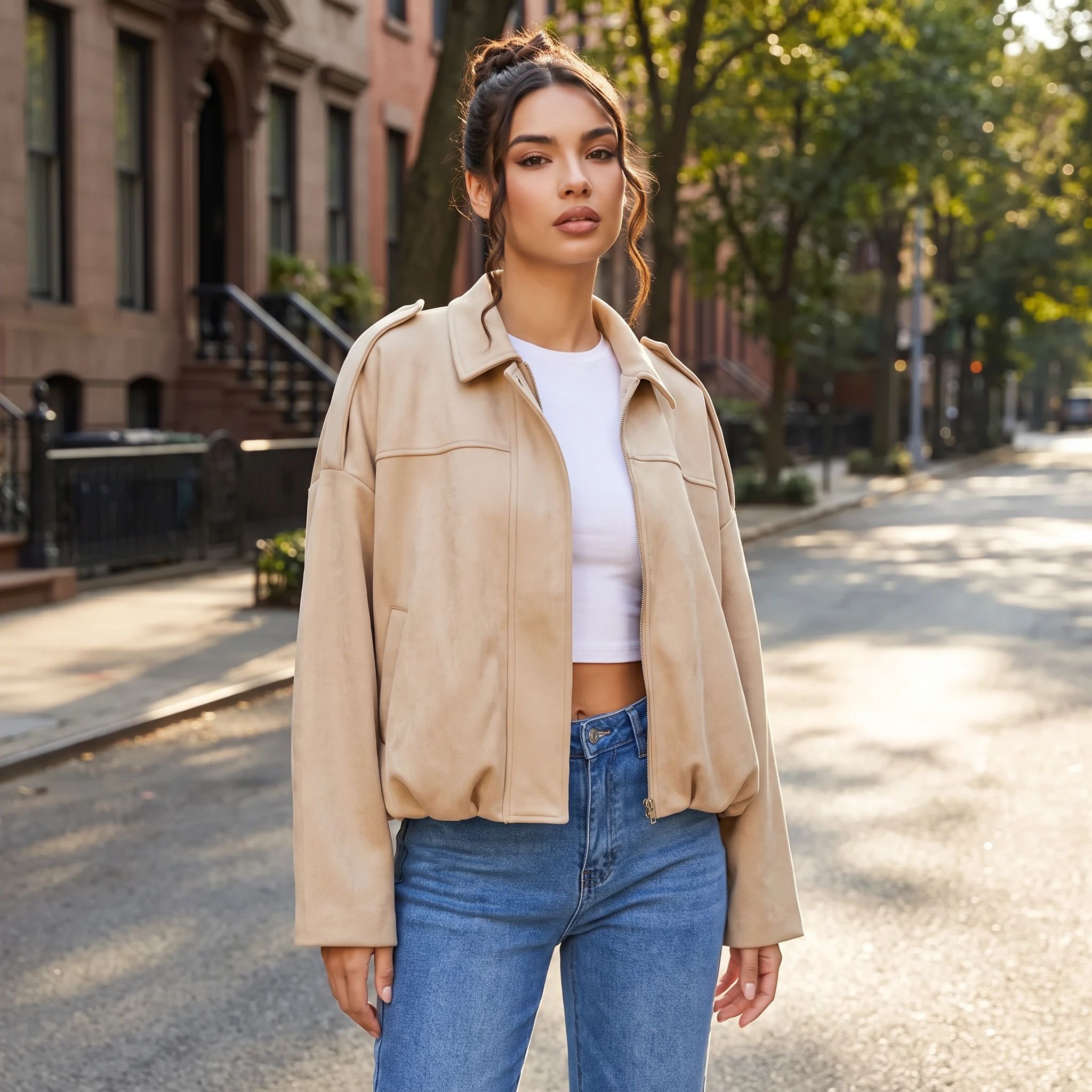 A woman wearing the desert sand suede-look jacket open over a white top and jeans