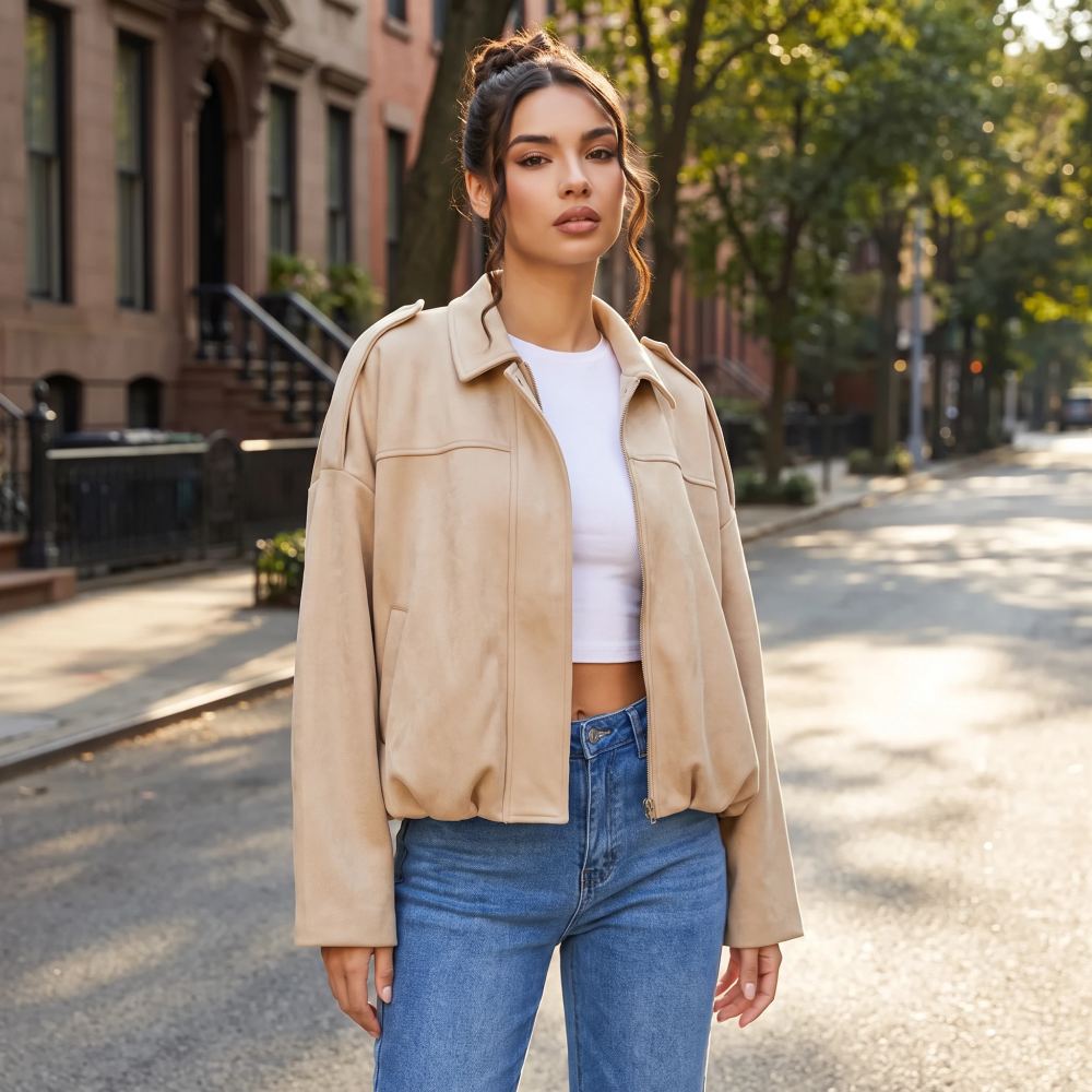 A woman wearing the desert sand suede-look jacket open over a white top and jeans