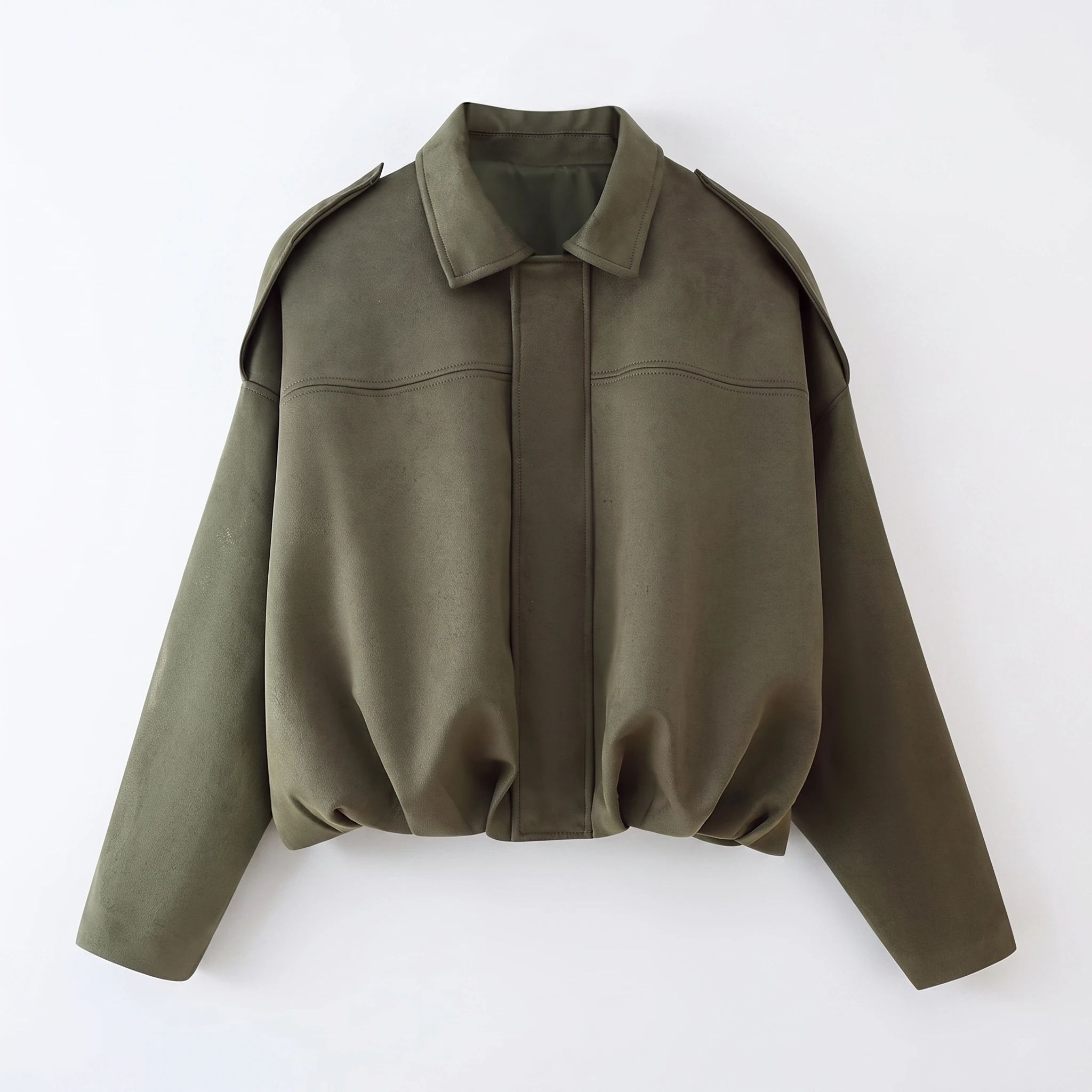 The olive suede-look jacket photographed front-on against a plain studio background