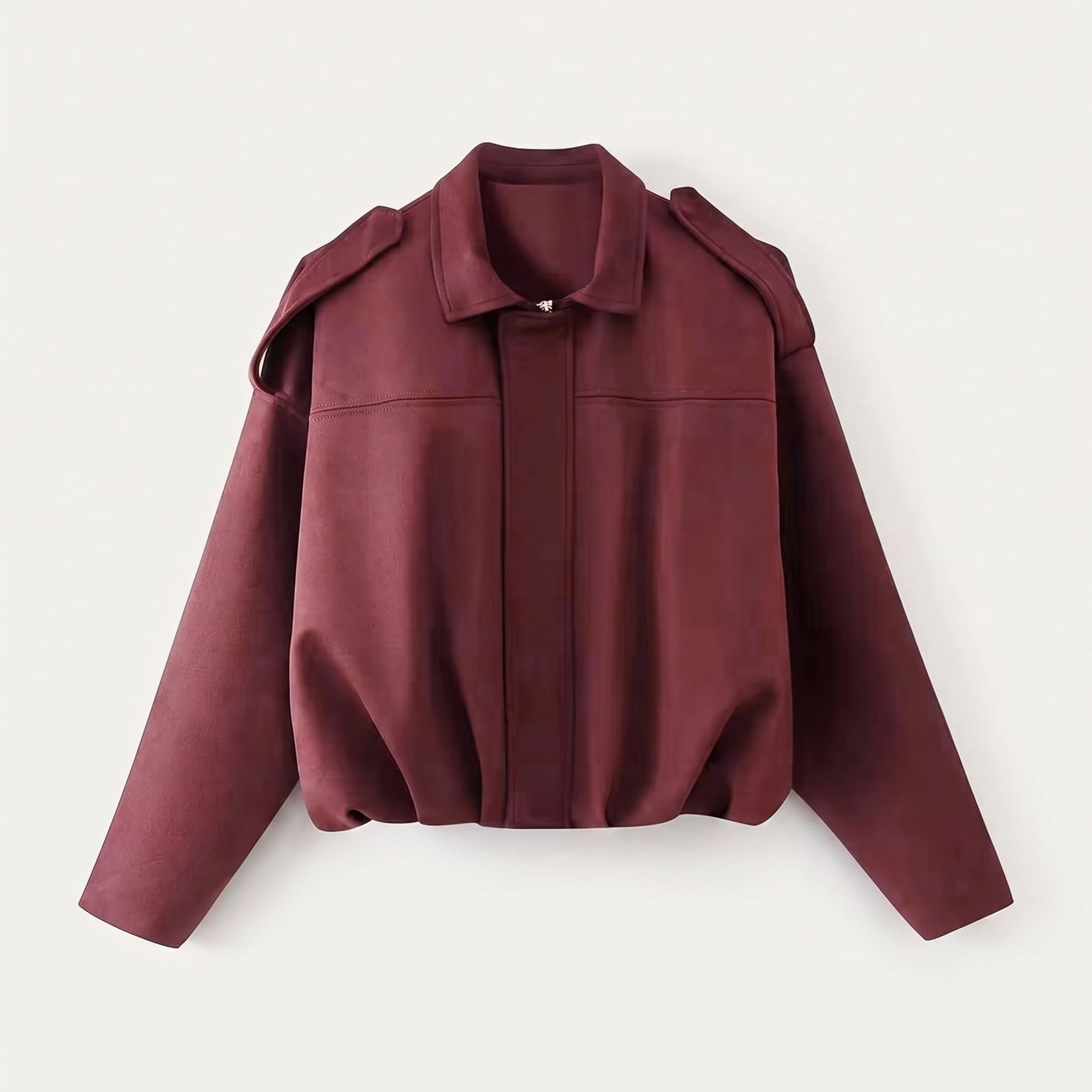 The plum suede-look jacket photographed front-on against a plain studio background