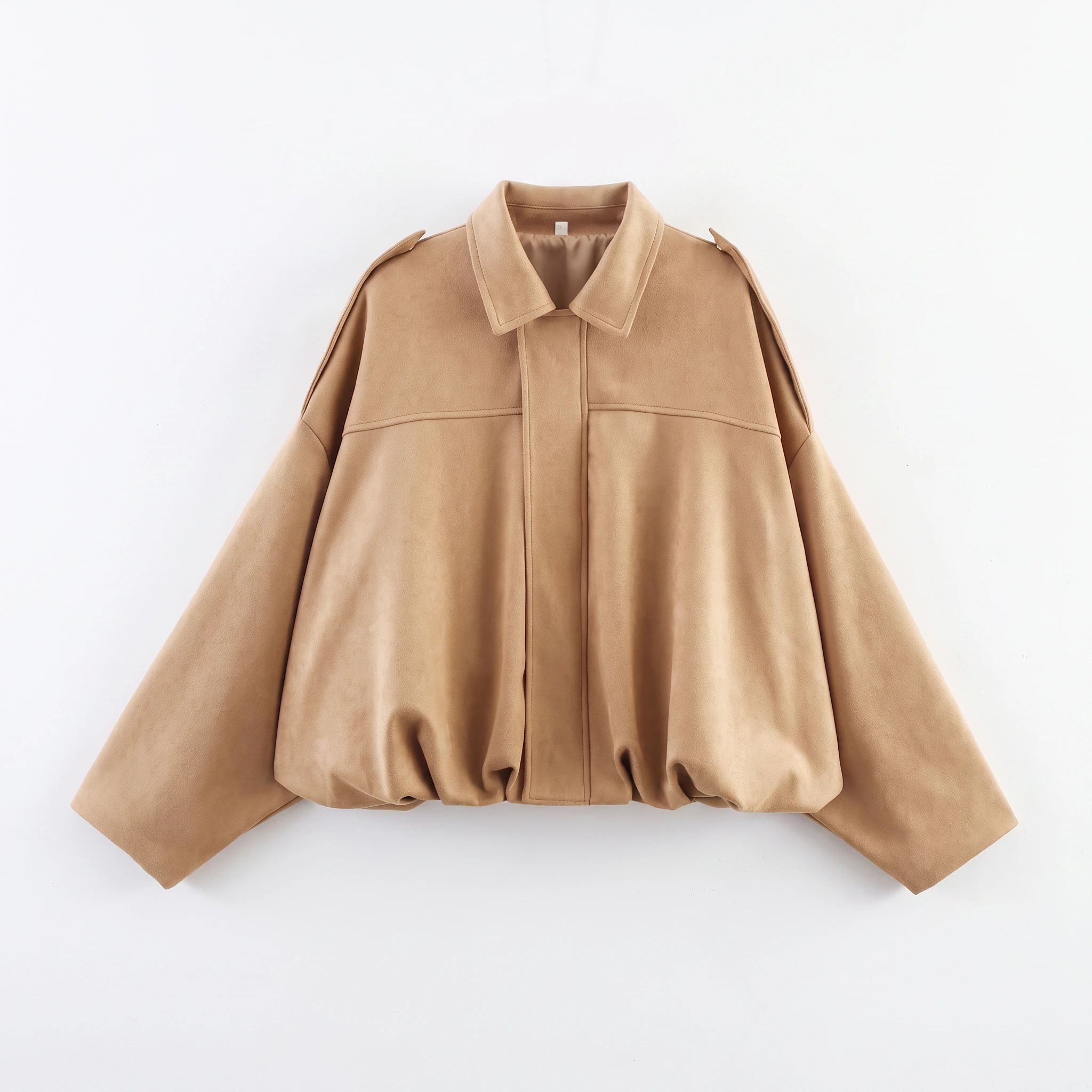 The tan suede-look jacket photographed front-on against a plain studio background
