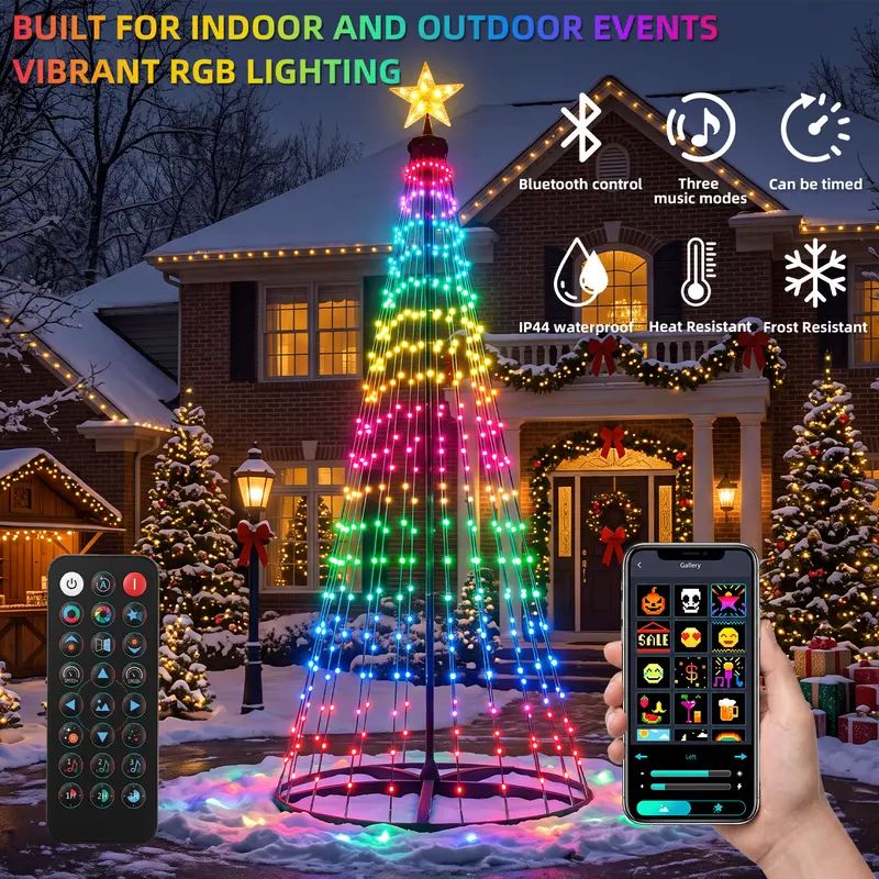 Lit outside a snowy house with remote and app