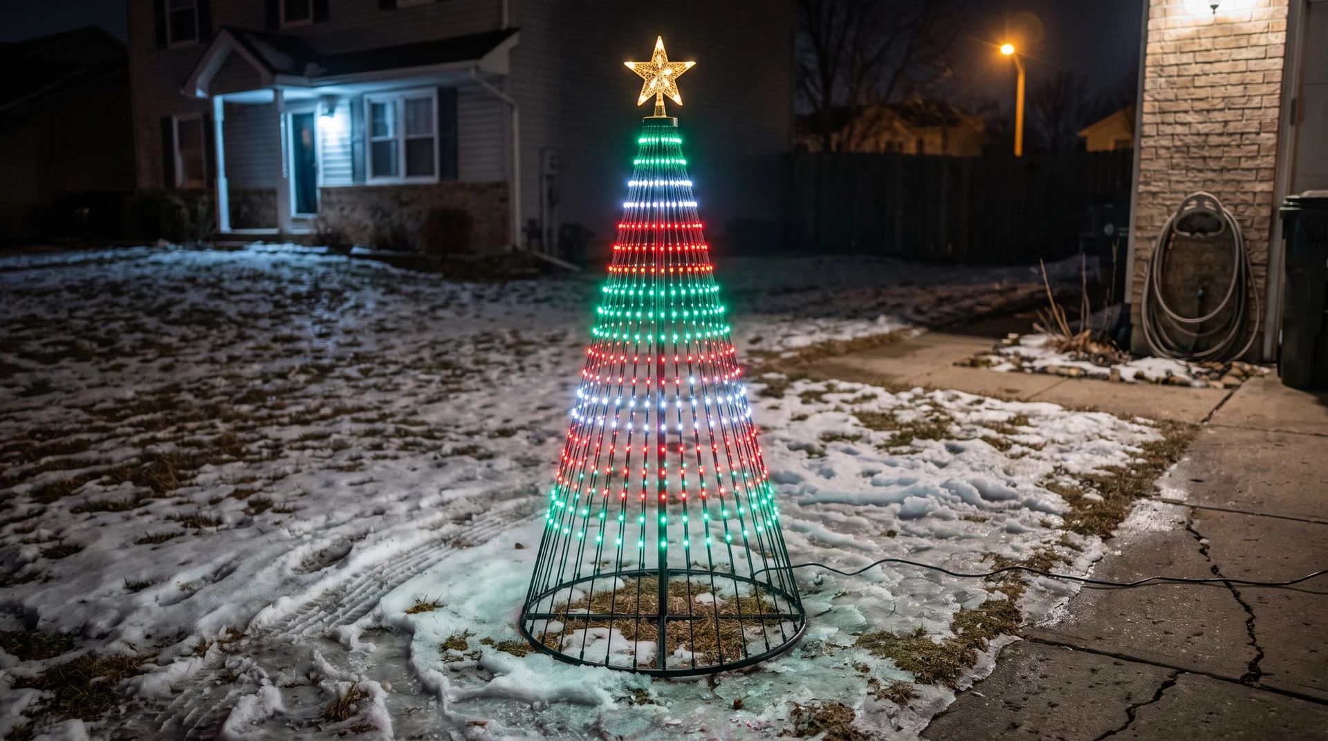 Light tree on a front lawn at night