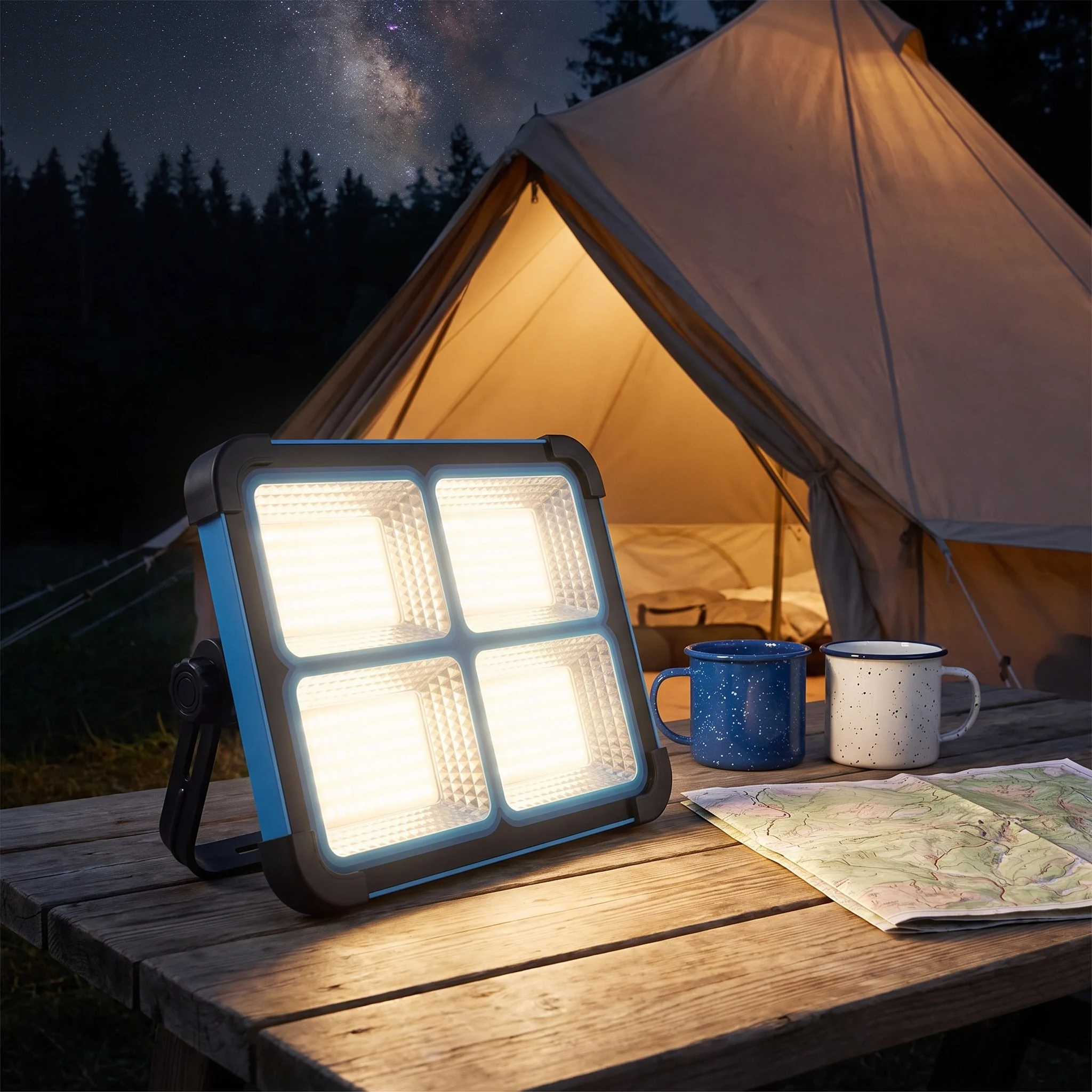 Solar LED work light on a wooden camp table outside a tent at night, glowing warm white