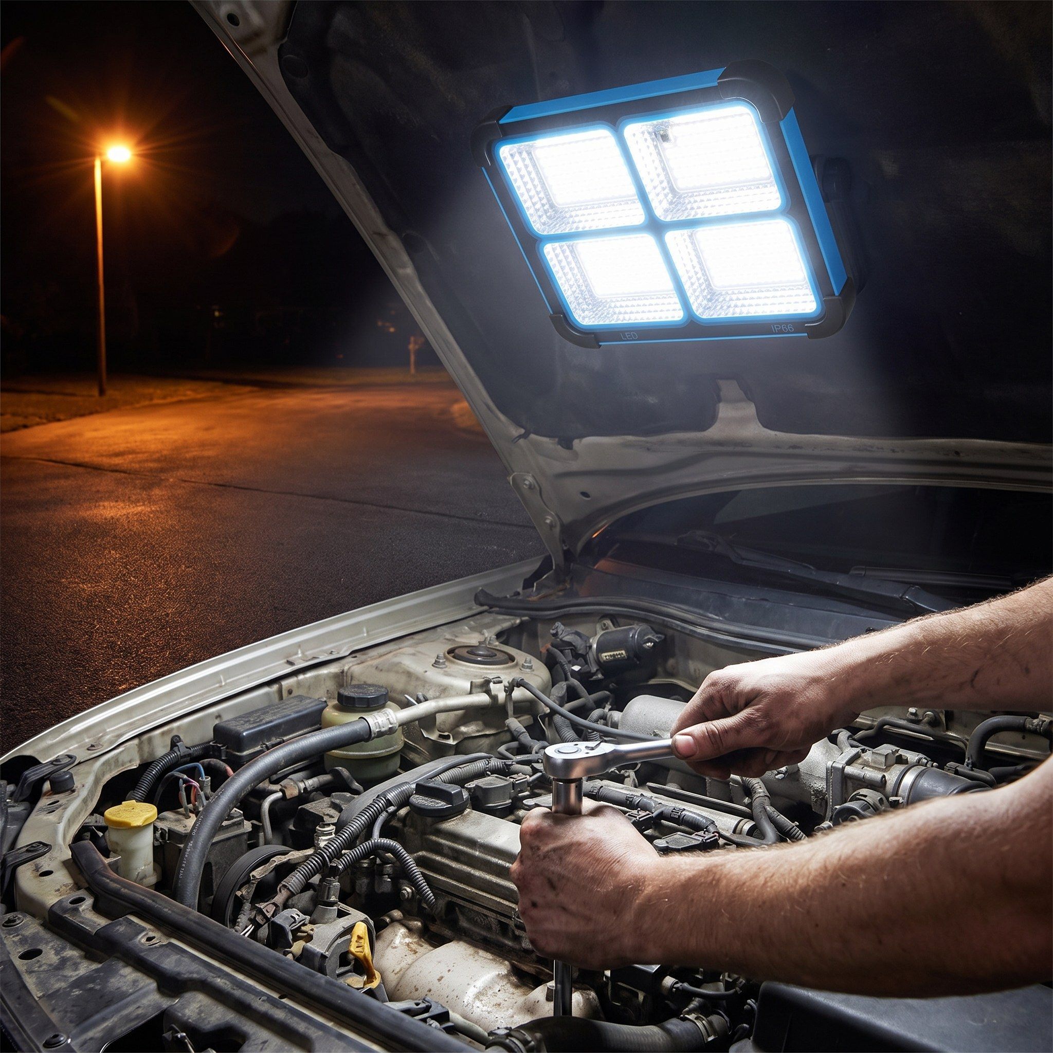 Solar LED work light held by its magnet under a raised car hood