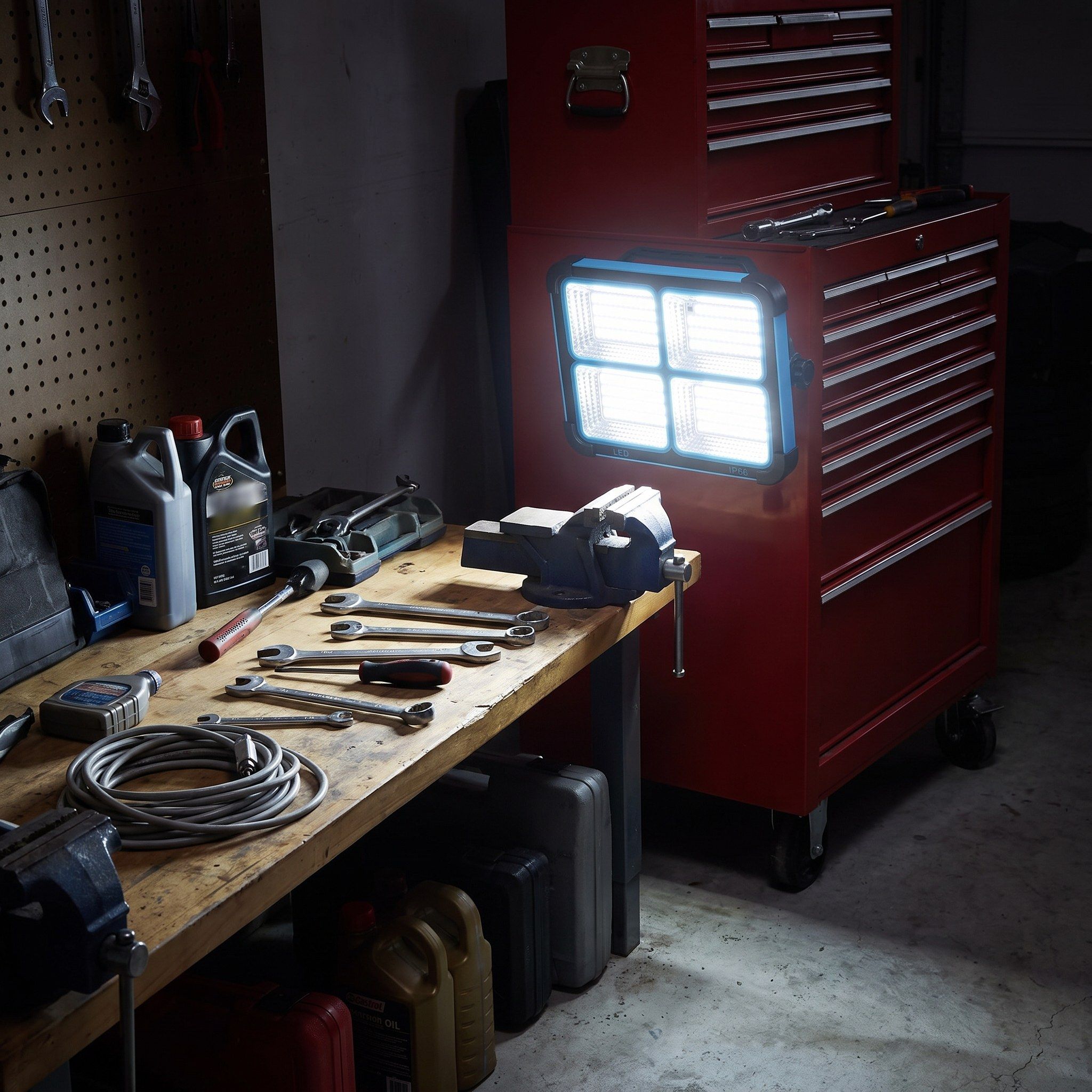 Solar LED work light stuck to a rolling tool chest in a garage