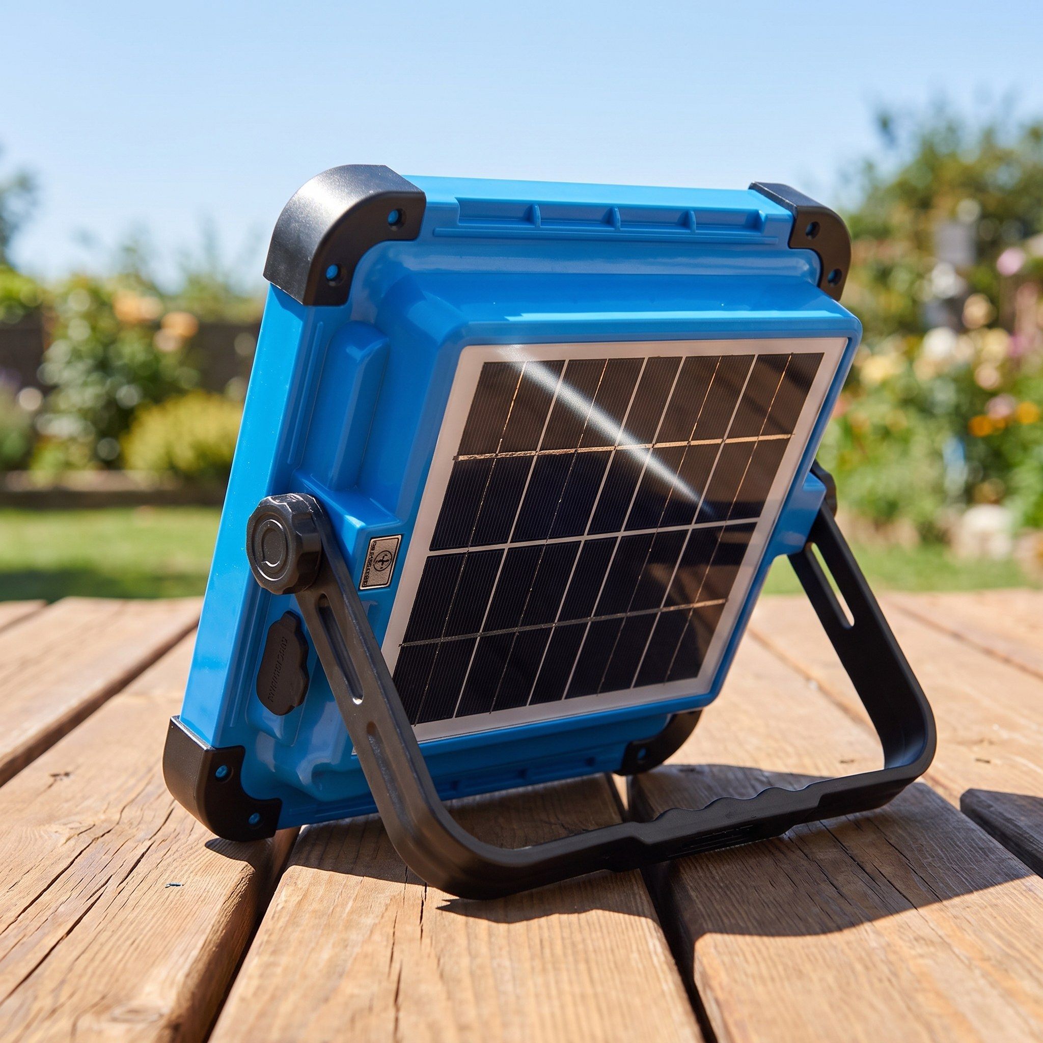 Solar LED work light charging panel-up in daylight on a deck
